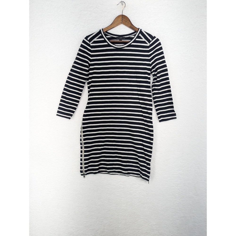 J‎ Crew Womens T Shirt Dress Black White Stripe Jewel Neck 3/4 Sleeve Zipper S